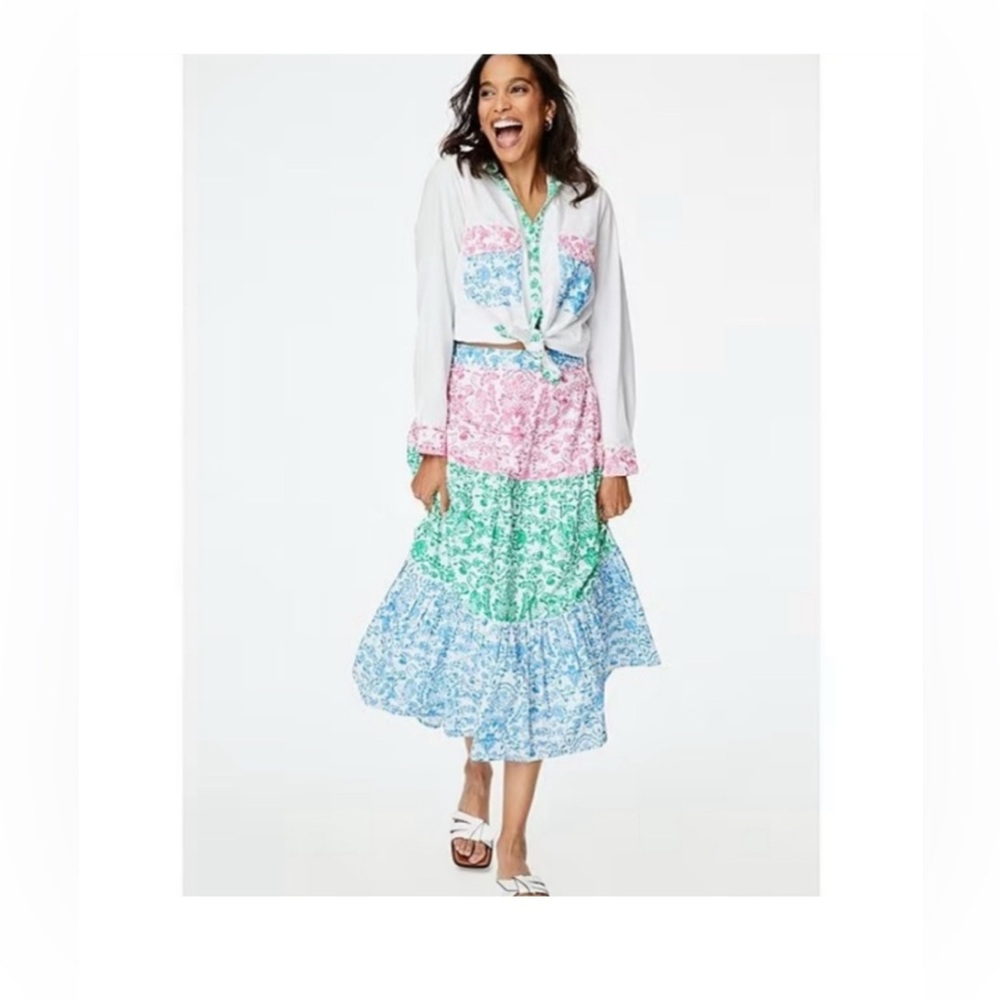 NWOT Roller Rabbit Green, Blue, and Pink Tiered Midi Skirt